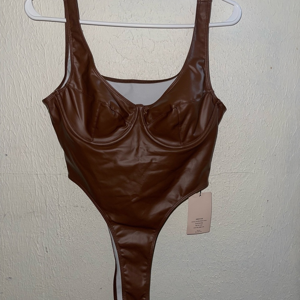 Sleek Brown One Piece Bodysuit with leather Finish and Structured Support